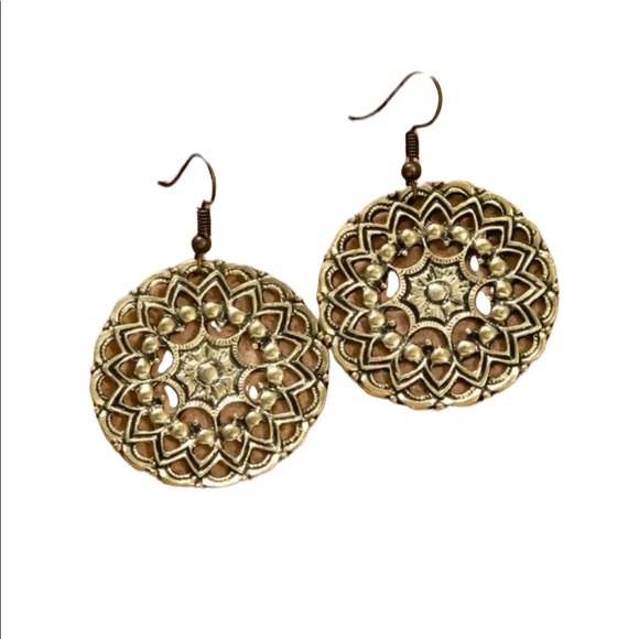 Antique Gold Drop Circular Boho Style Earrings - Picture 5 of 7